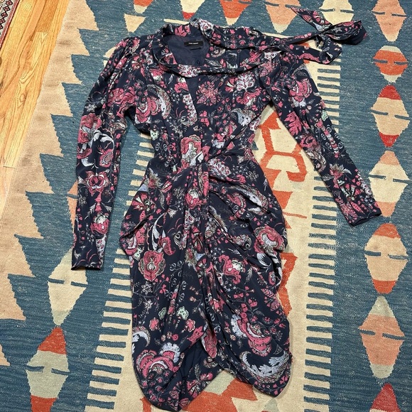 Isabel Marant Batoa Dress Navy Pink Floral Silk Crepe Long Sleeved Neck Tie NWOT - Picture 12 of 16